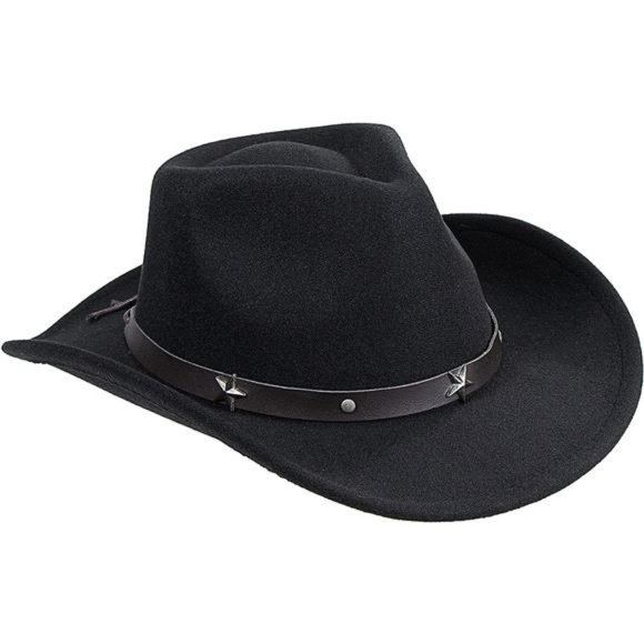 Women Men Classic Felt Wide Brim Western Cowboy Cowgirl Hat Roll Up Brim Fedora Cowgirl Hat With Belt Buckle (Black, ONE Size) At Women's Clothing Store